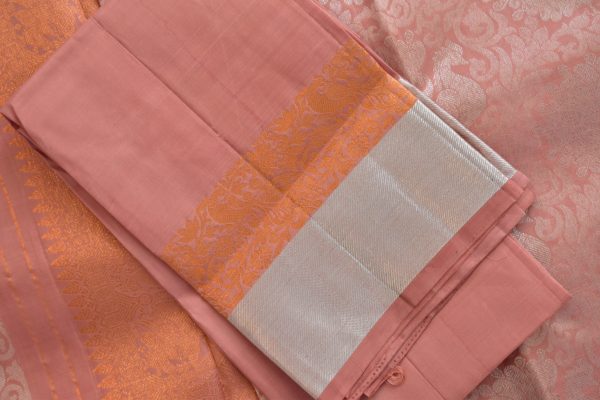 Pastel Kanchipuram Silk Saree with Copper and Silver Border - Image 4