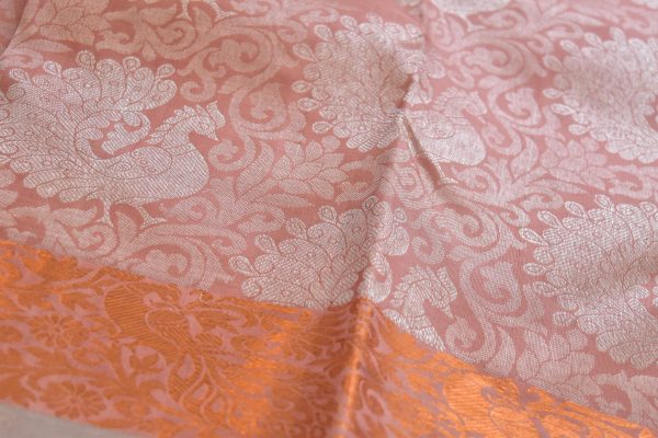 Pastel Kanchipuram Silk Saree with Copper and Silver Border - Image 3