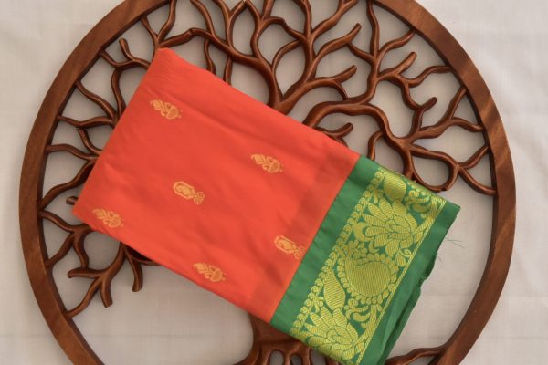 Orange Semi Silk Saree with Contrast Green Border & Blouse