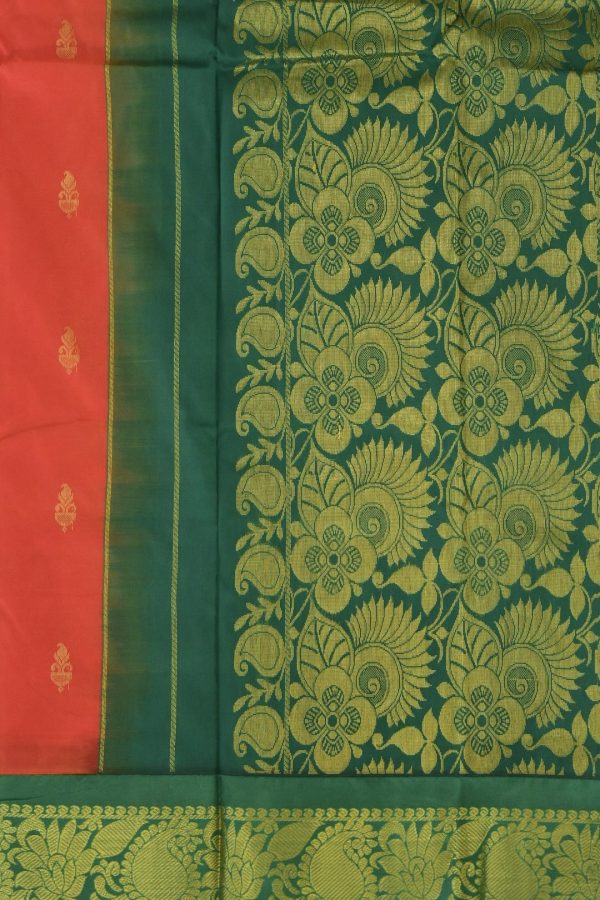 Orange Semi Silk Saree with Contrast Green Border & Blouse - Image 3