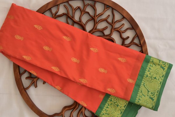 Orange Semi Silk Saree with Contrast Green Border & Blouse - Image 2