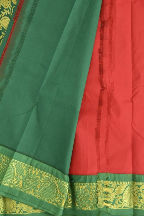 Red Semi Silk Saree with Contrast Green Border & Blouse - Image 3