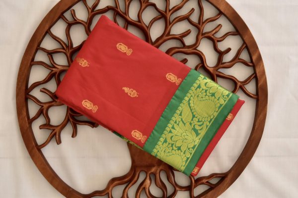 Red Semi Silk Saree with Contrast Green Border & Blouse