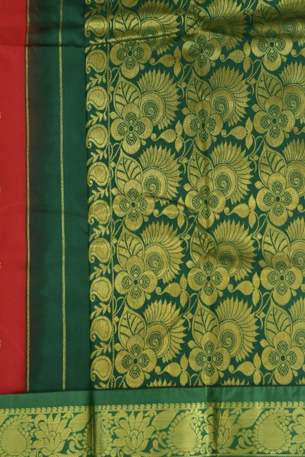 Red Semi Silk Saree with Contrast Green Border & Blouse - Image 4