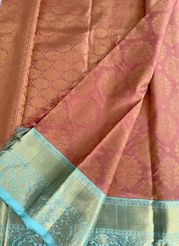 Exclusive Peach Kanchipuram Saree with Contrast Border and Blouse - Image 3