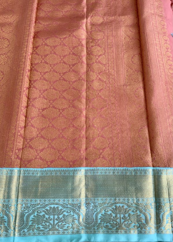 Exclusive Peach Kanchipuram Saree with Contrast Border and Blouse - Image 4