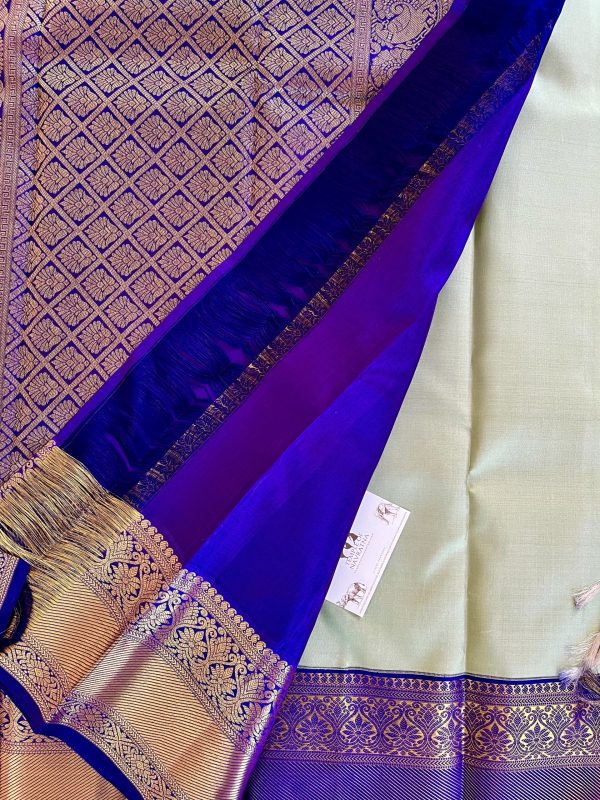 Cardamom Pure Kanchipuram Silk Saree with Blue Constrast Border&Blouse - Image 5