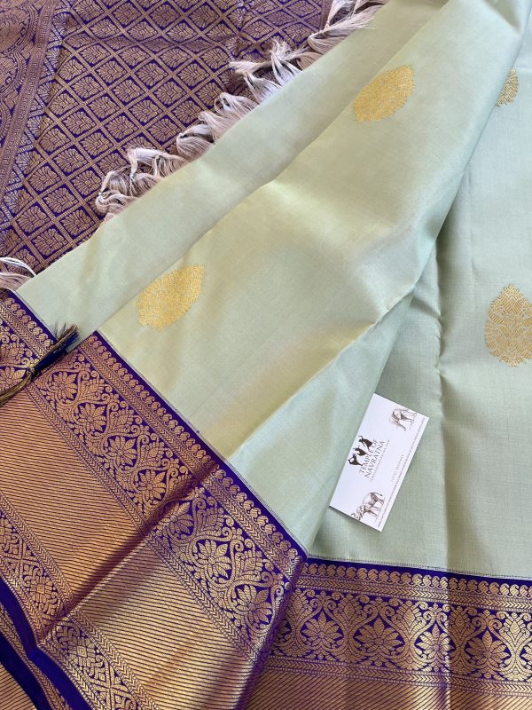 Cardamom Pure Kanchipuram Silk Saree with Blue Constrast Border&Blouse - Image 4