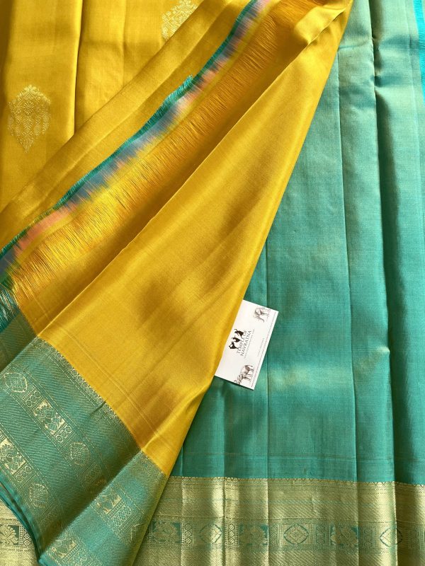 Yellow Kanchipuram with Contrast Blue Border and Blouse - Image 6