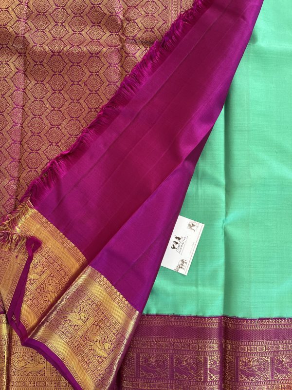 Parrot Green Pure Kanchipuram Silk Saree with Dark Pink Contrast - Image 3