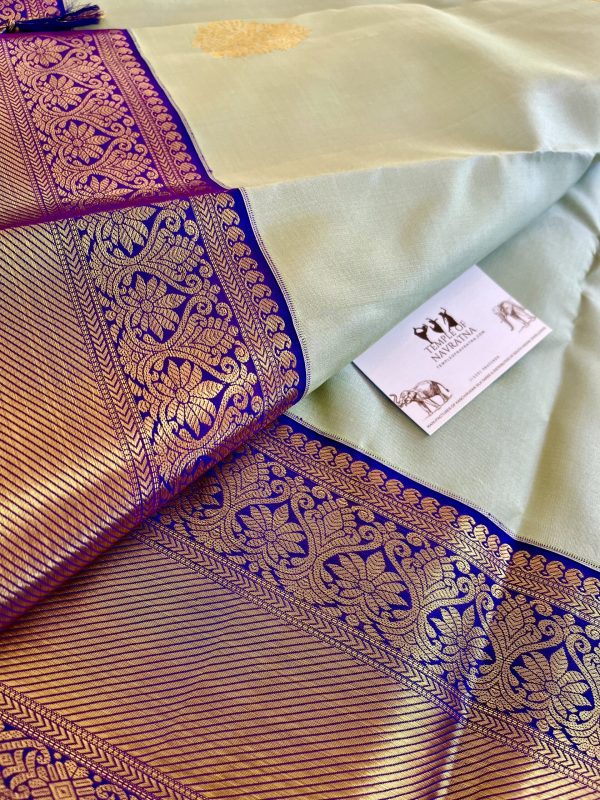 Cardamom Pure Kanchipuram Silk Saree with Blue Constrast Border&Blouse - Image 3
