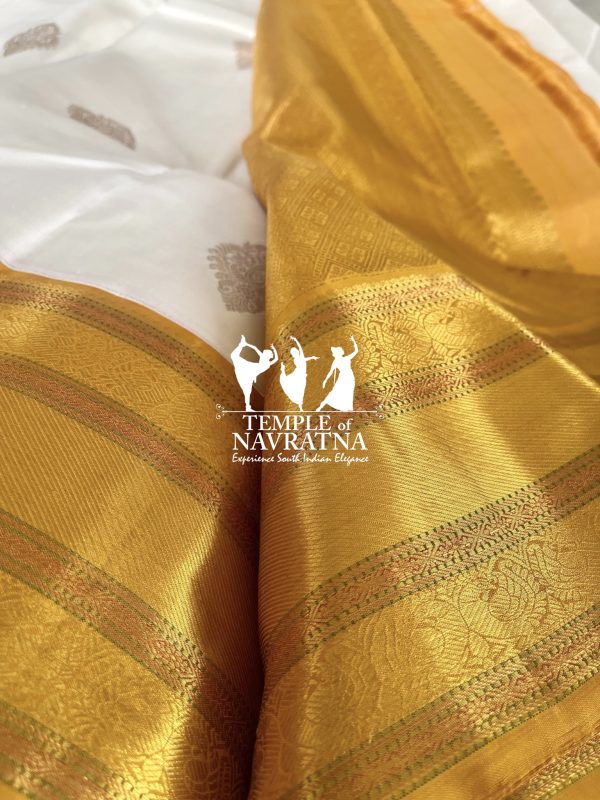 Off White Kanchipuram Silk Saree with Yellow Mustard Border - Image 3