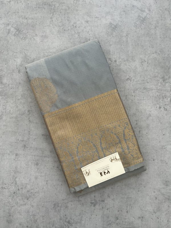 Gray Soft Silk Saree with Contrast Blue Blouse