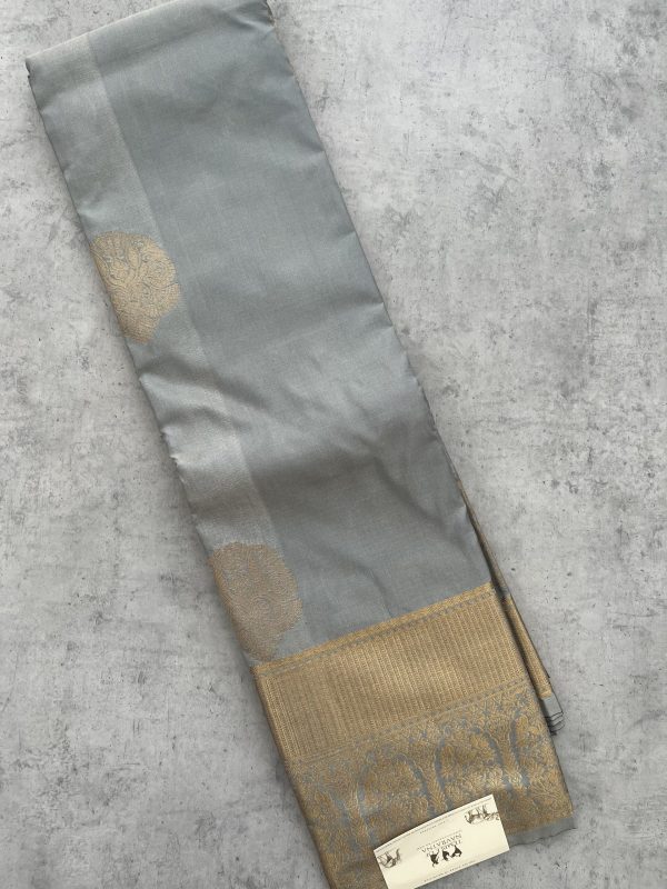 Gray Soft Silk Saree with Contrast Blue Blouse - Image 2