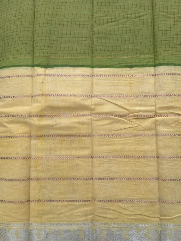 Half and Half Madurai Green Cotton Saree with Light Yellow Contrast - Image 3