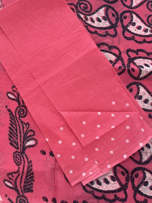Hand Printed Pink Cotton Saree - Image 3