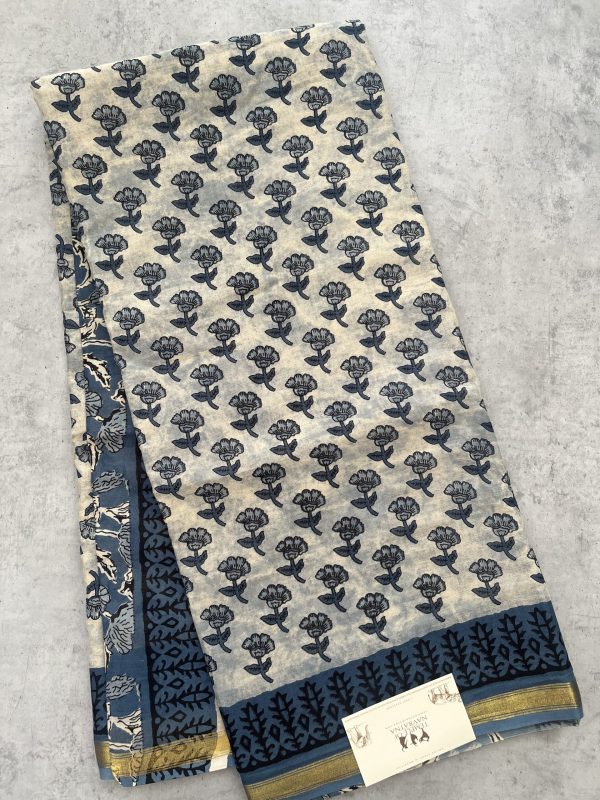 Hand Printed Soft Cotton Saree with Contrast Blouse - Image 2