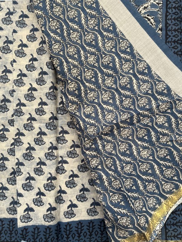 Hand Printed Soft Cotton Saree with Contrast Blouse - Image 3