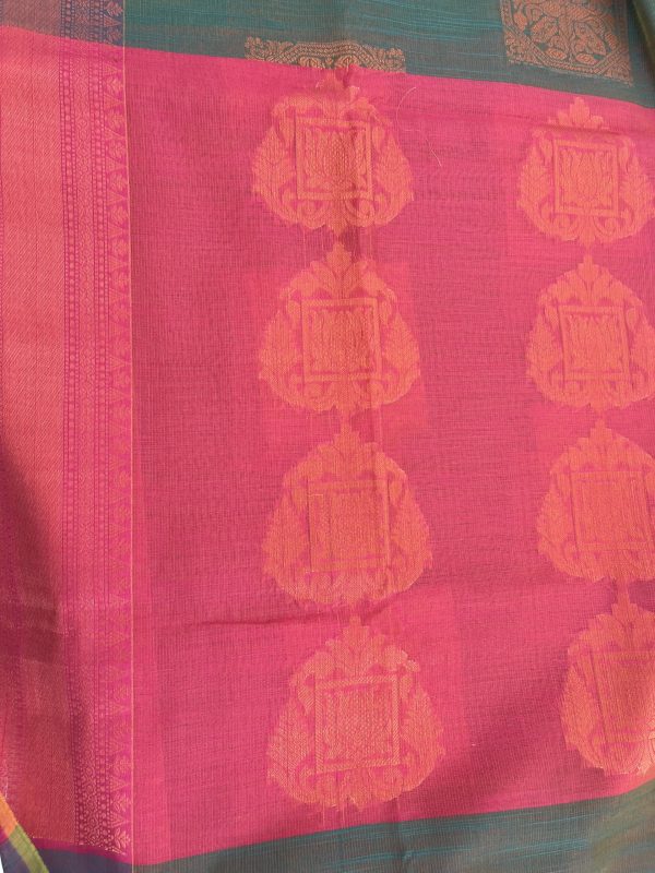 Kota Linen Green with Pink Pallu and Blouse - Image 4