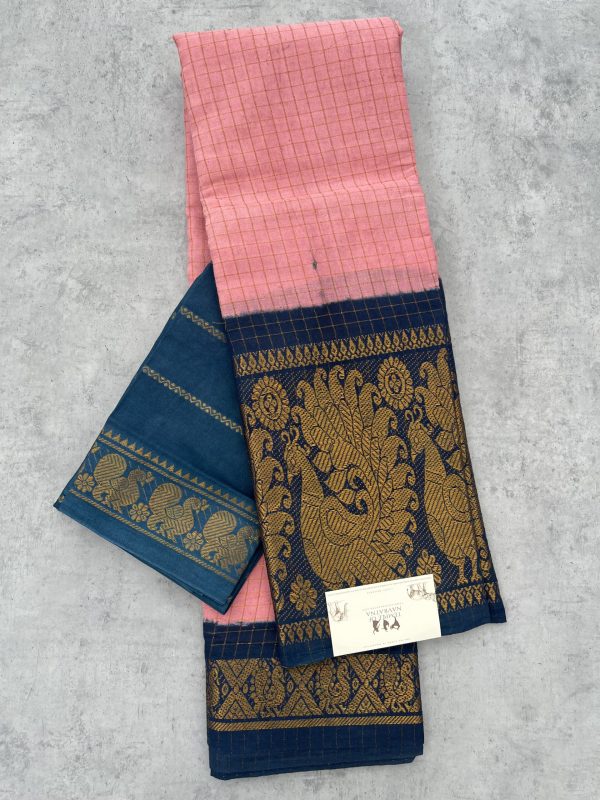 Light Pink Madurai Cotton Saree with Blue Contrast Border and Extra Blouse - Image 3