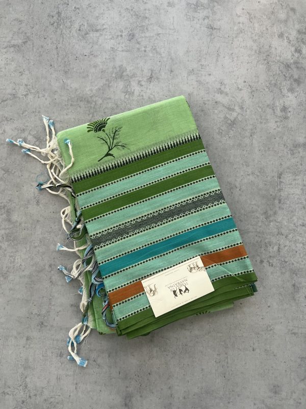 Light Green Soft Handloom Cotton Saree with Contrast Blue Blouse