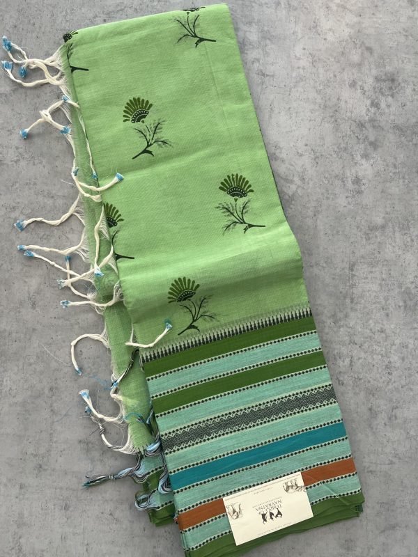 Light Green Soft Handloom Cotton Saree with Contrast Blue Blouse - Image 2