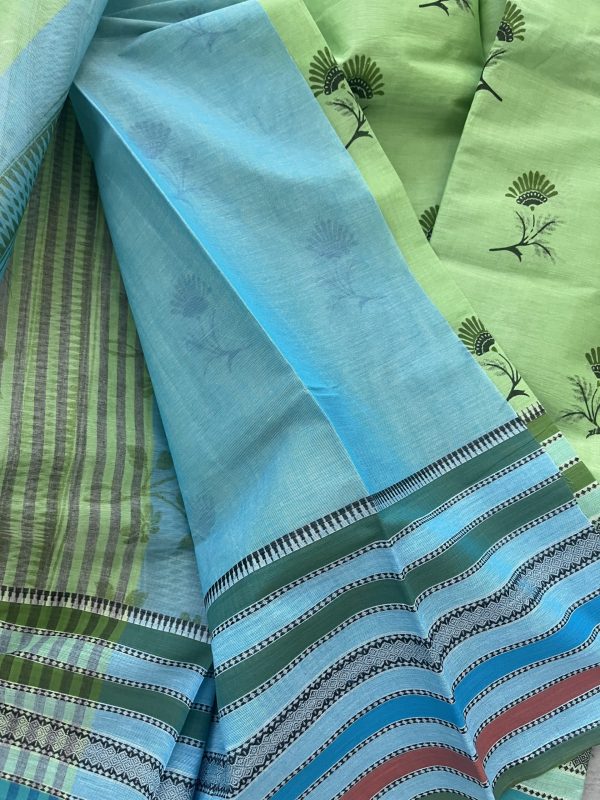 Light Green Soft Handloom Cotton Saree with Contrast Blue Blouse - Image 3