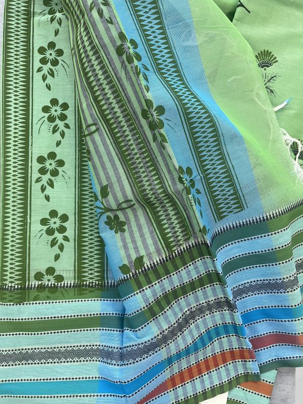 Light Green Soft Handloom Cotton Saree with Contrast Blue Blouse - Image 4
