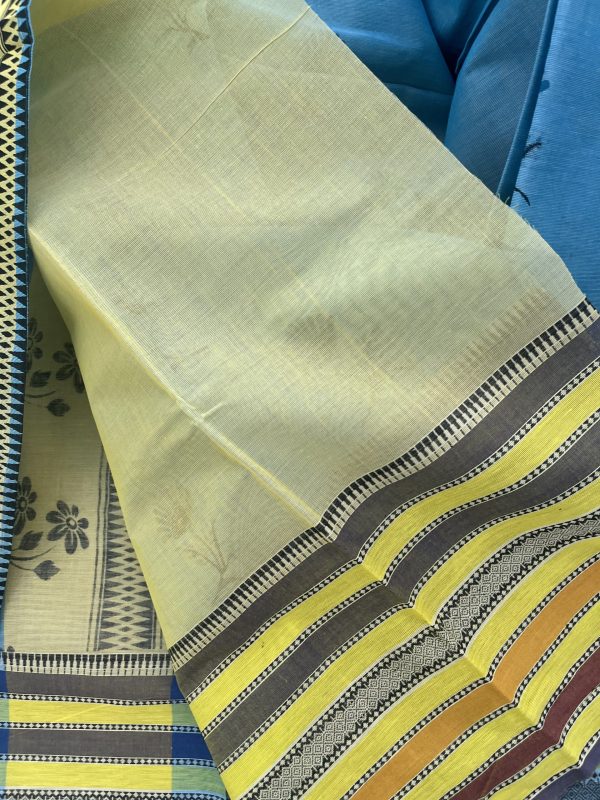 Light Blue Soft Handloom Cotton Saree with Contrast Yellow Blouse - Image 4