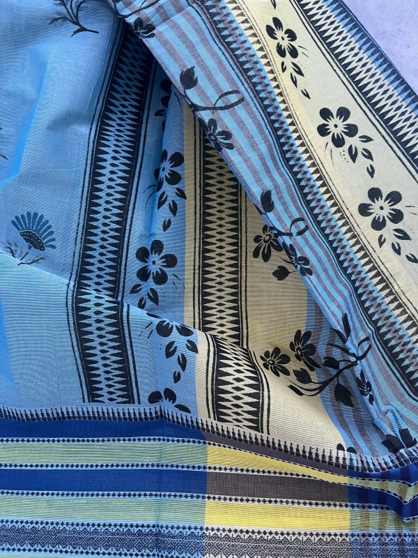 Light Blue Soft Handloom Cotton Saree with Contrast Yellow Blouse - Image 3
