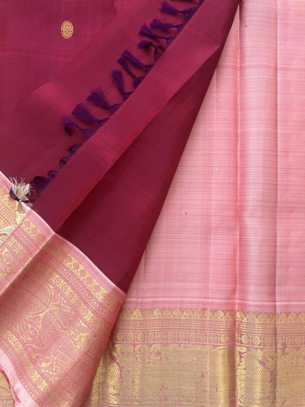 Maroon Pure Kanchipuram Silk Saree with Onion Pink Contrast - Image 3