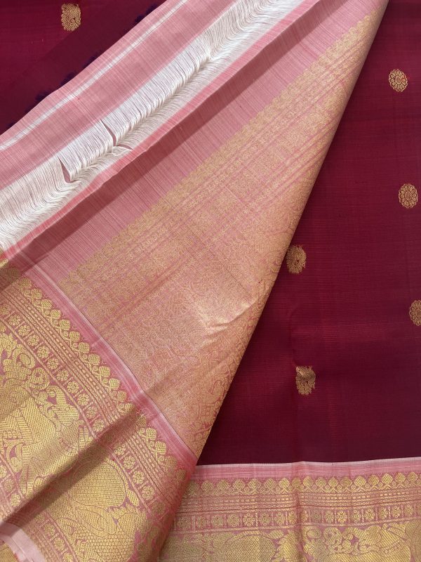 Maroon Pure Kanchipuram Silk Saree with Onion Pink Contrast - Image 4