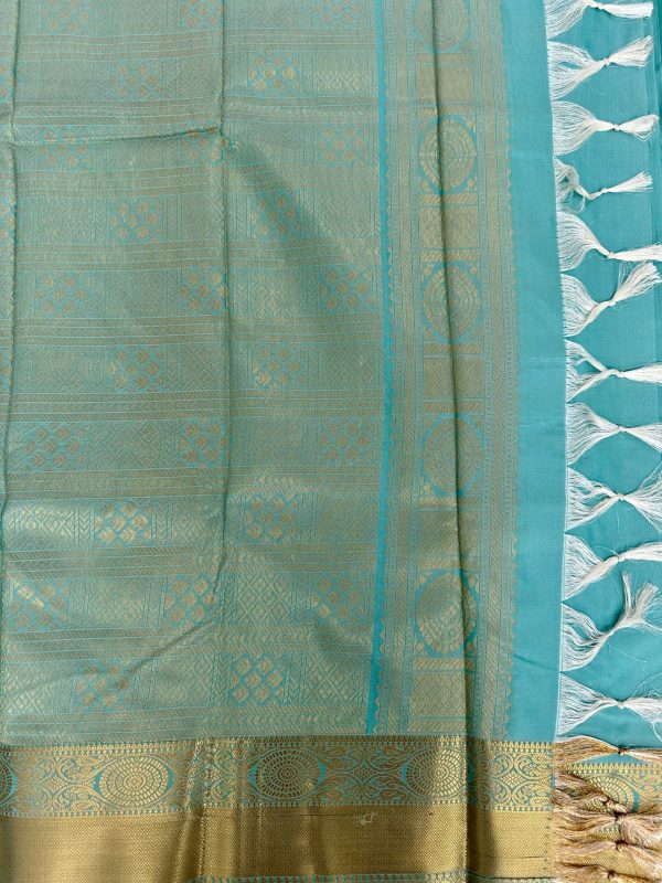 Pastel Blue Soft Silk Saree with Golden Border - Image 3