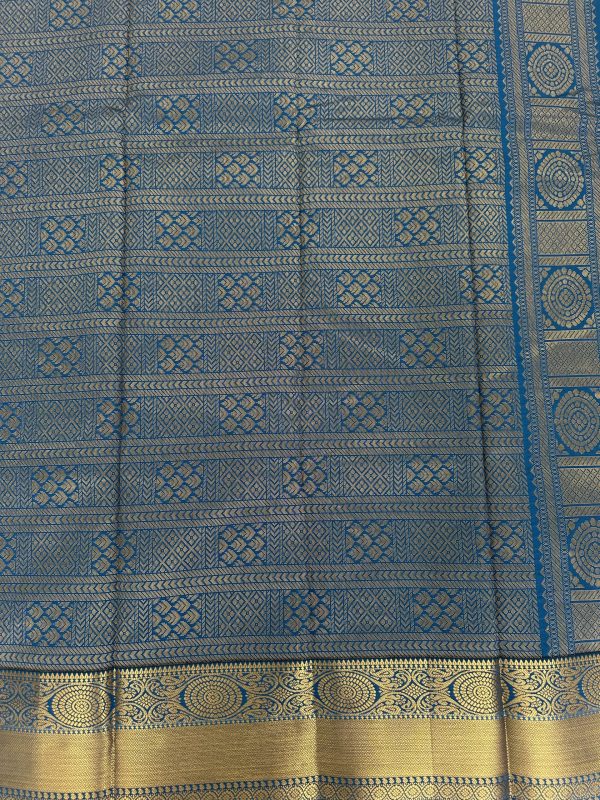 Dark Sea Blue Soft Silk Saree with Golden Border - Image 3