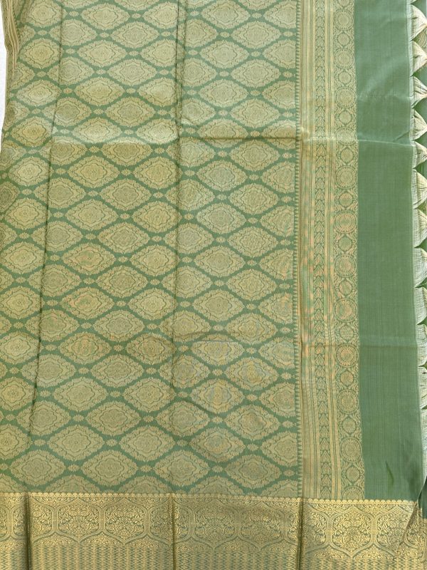 Olive Green Soft Silk Saree with Zari Border - Image 3