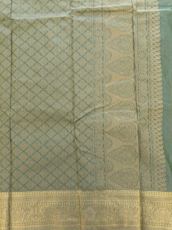 Olive Green Soft Silk Saree with Zari Border - Image 3