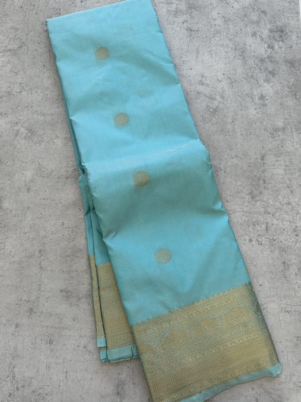 Sea Blue Soft Silk Saree with Zari Border - Image 2