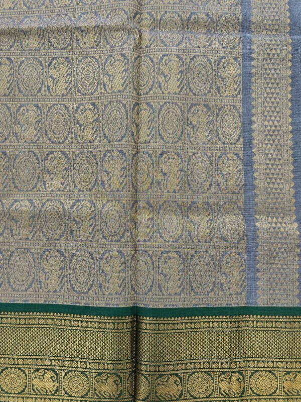 Gray Kanchi Cotton Saree with Green Border - Image 3
