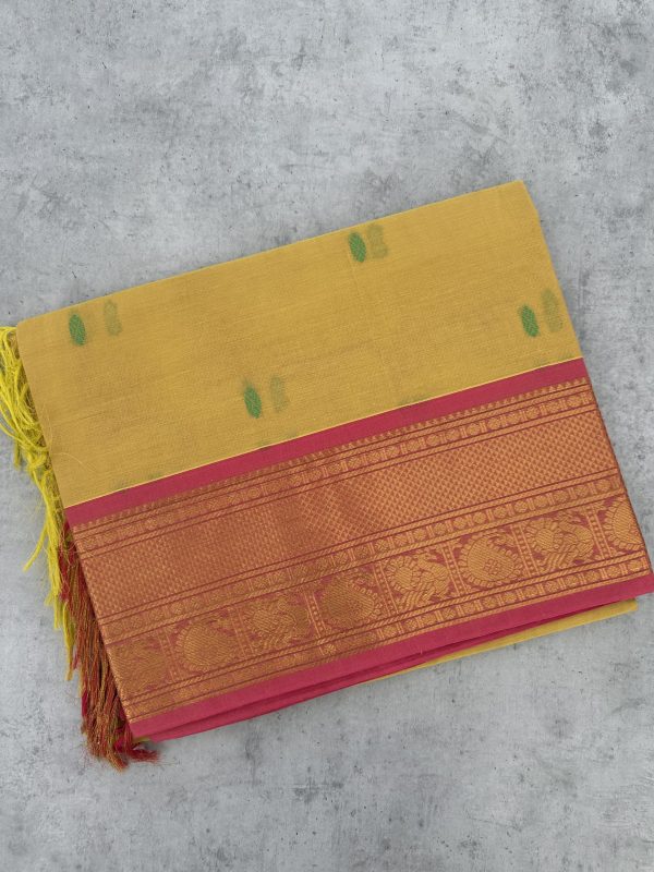 Light Yellow Kanchi Cotton with Pink Contrast Border