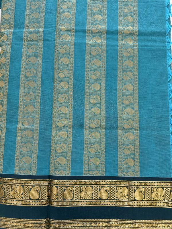 Teal Blue Kanchi Cotton Saree with Contrast Border - Image 3