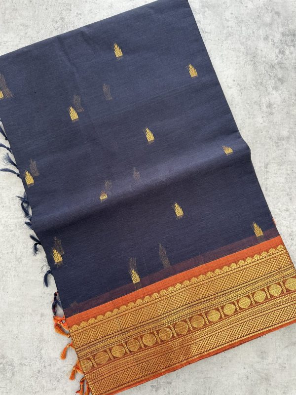 Dark Kanchi Cotton with Mustard Contrast Border - Image 2