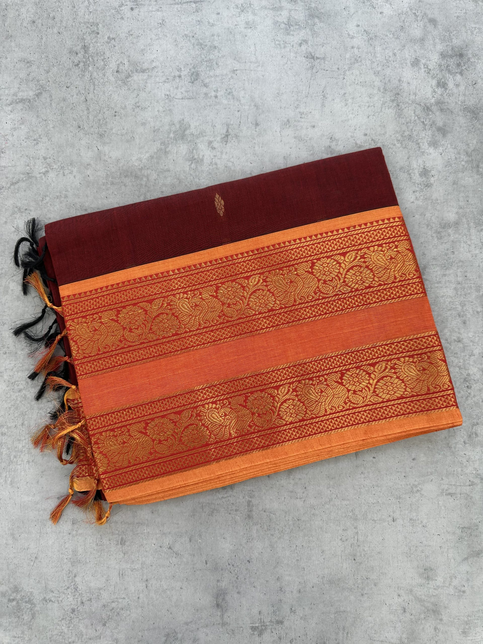 IMG_3196 Maroon Kanchi Cotton with Mustard Contrast Border - Image 1