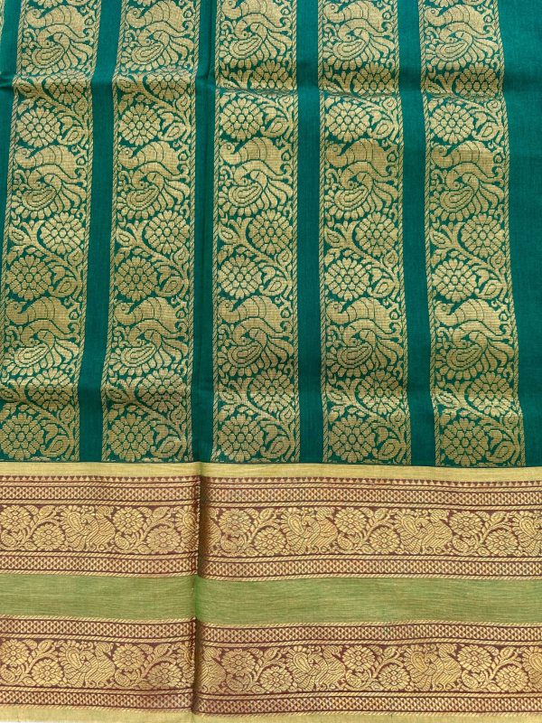 Dark Green Kanchi Cotton with Lime Contrast Border - Image 3