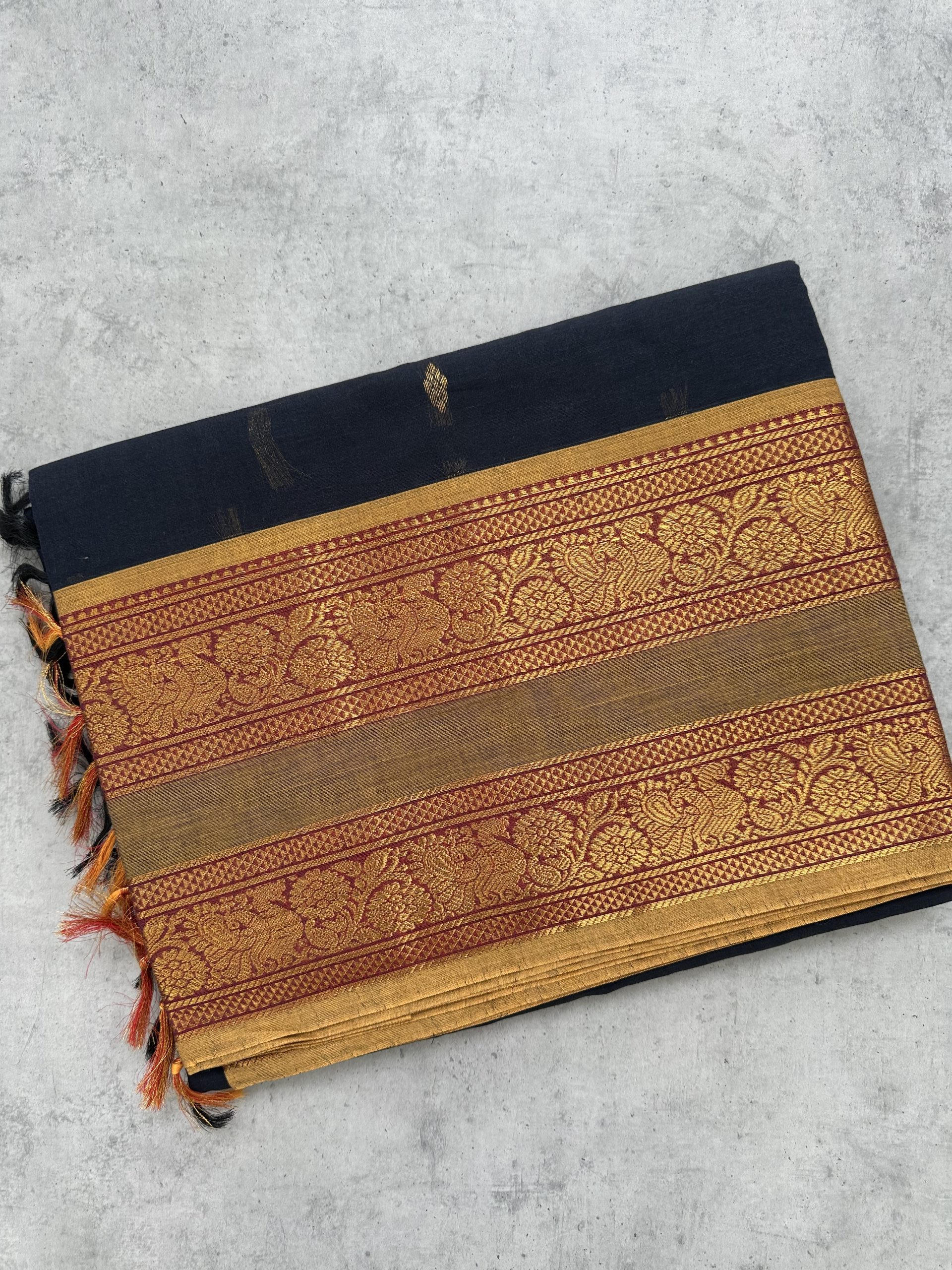 IMG_3210 Navy Blue Kanchi Cotton with Yellow Contrast Border - Image 1