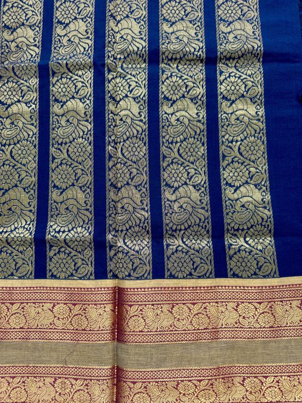 Navy Blue Kanchi Cotton with Yellow Contrast Border - Image 3