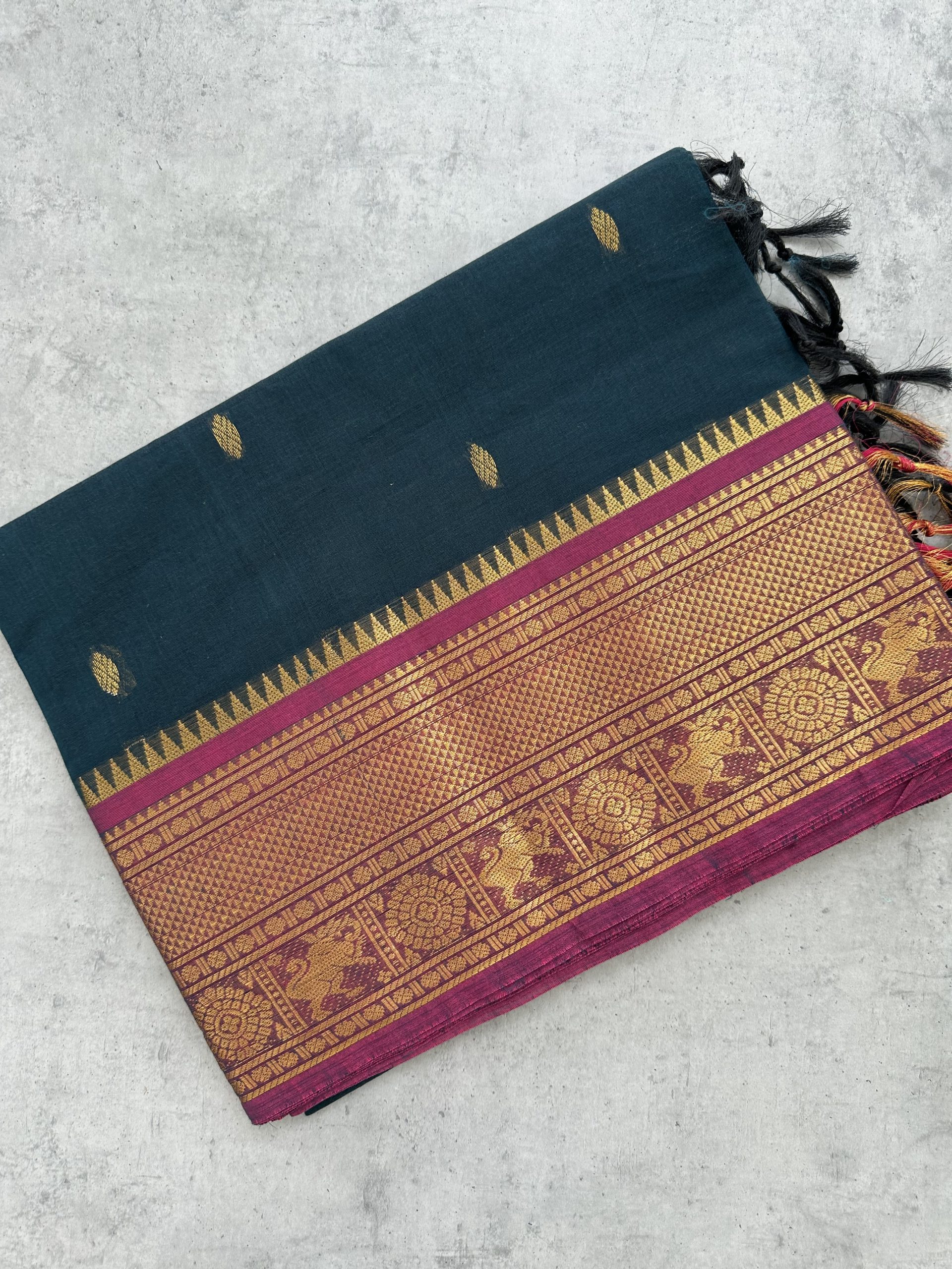 IMG_3216 Navy Kanchi Cotton with Dark Pink Border - Image 1