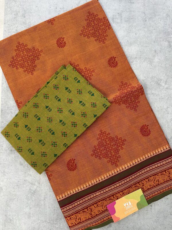 Orange Kolam Printed Handloom Cotton Saree with Extra Blouse Material - Image 2