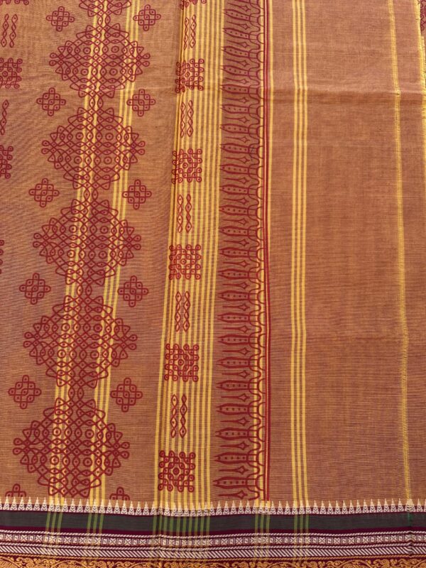 Orange Kolam Printed Handloom Cotton Saree with Extra Blouse Material - Image 3
