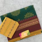 Dark Green Kolam Printed Handloom Cotton Saree with Extra Blouse Material