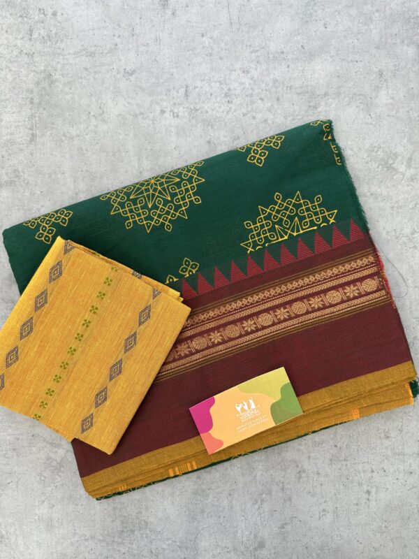 Dark Green Kolam Printed Handloom Cotton Saree with Extra Blouse Material